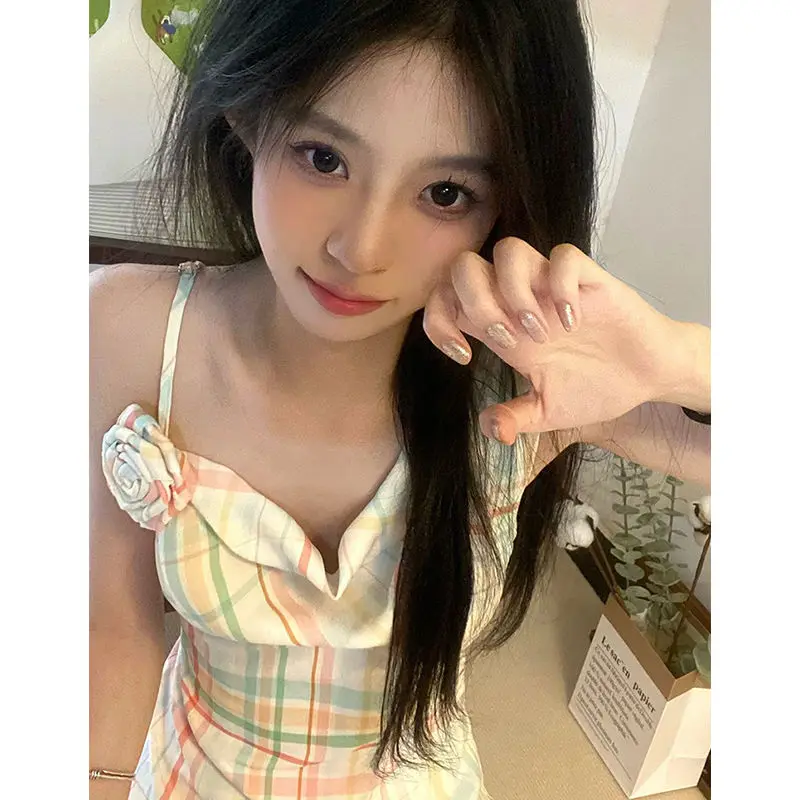 2024 Romantic Color Checkered Dress Women's Summer Salt Sweet Irregular Three Dimensional Flower Waist Strap Short Skirt