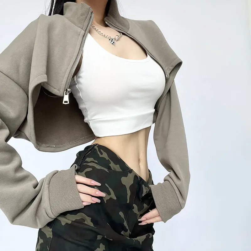 American Crop Jackets Women Stand Collar Stylish Cool Streetwear Chic Youth Leisure Solid Y2k Jacket Vintage Sexy Zip-up Spring