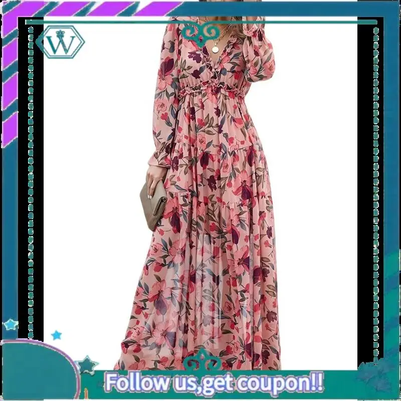 A09P Damska codzienna sukienka boho z głębokim dekoltem w serek i długim rękawem