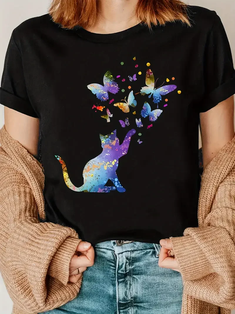 Women's Plus-Size Casual Short-Sleeve T-Shirt — Featuring a rainbow butterfly and cat geometric print, loose fit, machine washable; a fun design perfect for everyday summer wear.