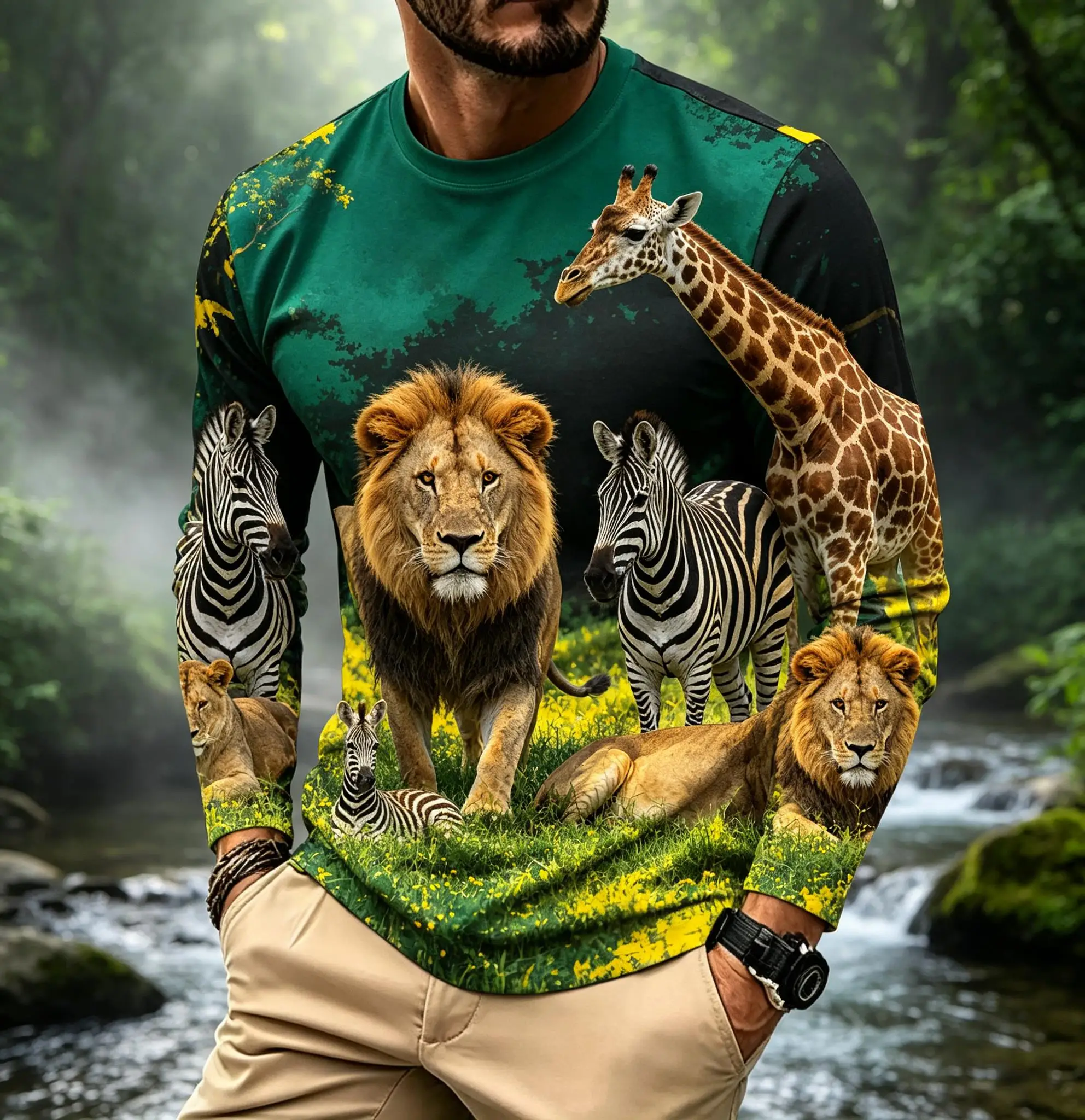 African Savannah Wildlife Pattern Mens Long Sleeve Tee Green Lion Giraffe Zebra Tropical Forest Scenery Casual Daily Wear