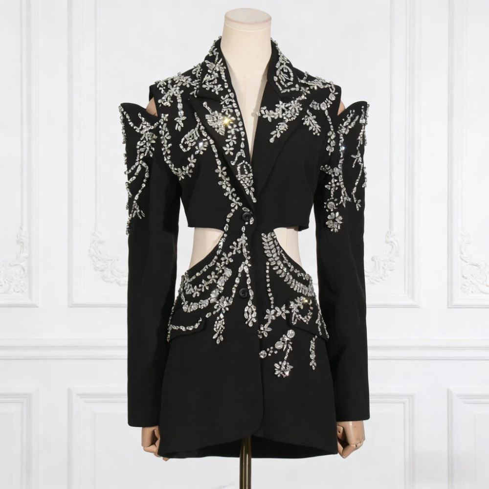 VGH High End Banquet Spliced Diamond Blazer Jacket for Women Lapel Long Sleeve Tunic Hollow Out Designer Mid Length Coat Female