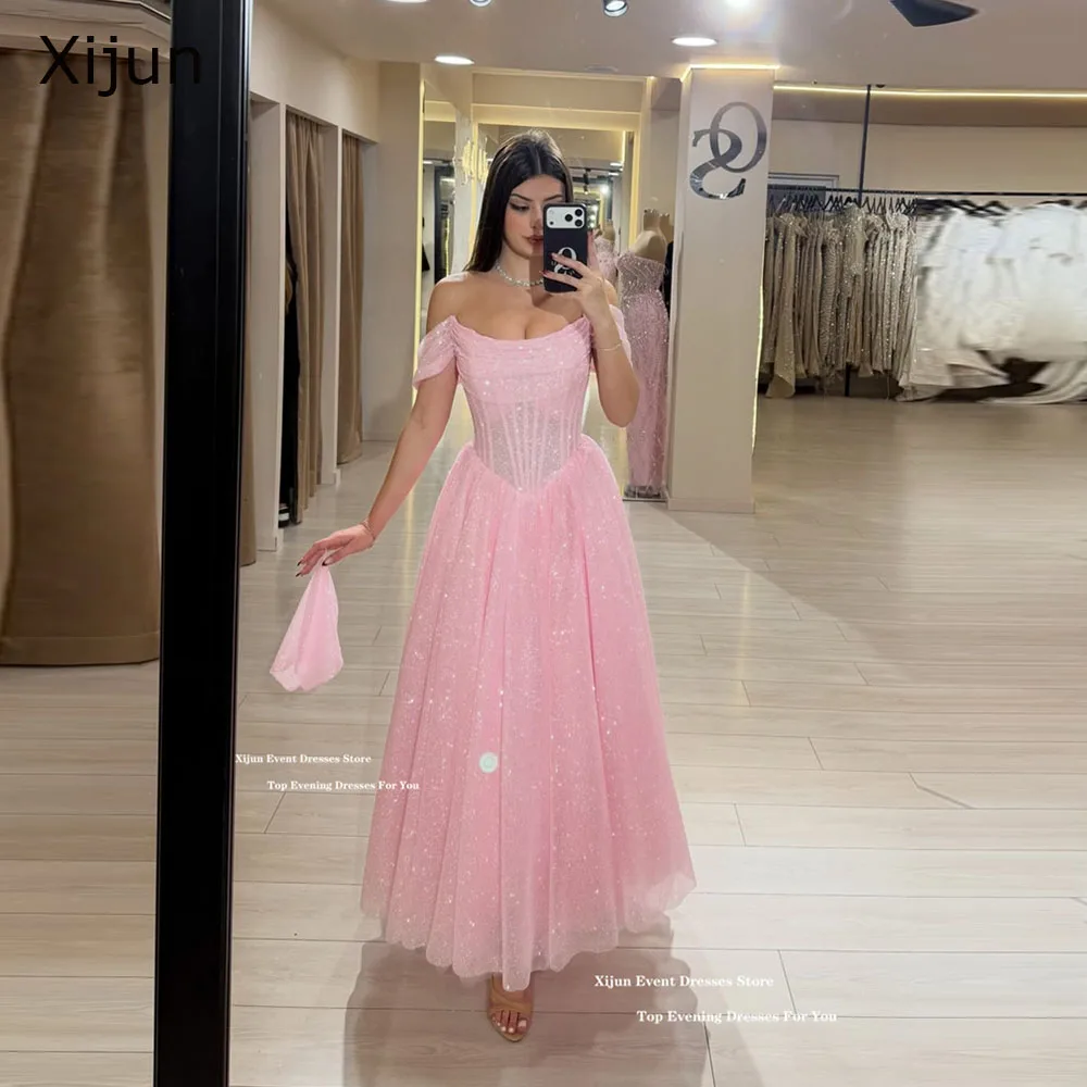 

Xijun Glitter Pink Evening Dresses Off The Shoulder A-Line Ankle Length Prom Dresses Formal Ankle Length Prom Gowns Customized