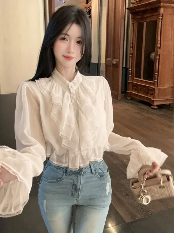 

Fashionable Girl's Shirt with Pleated Ruffle Sleeves Design Autumn New Style Fragrant Style Clothing Breathable Skin-friendly