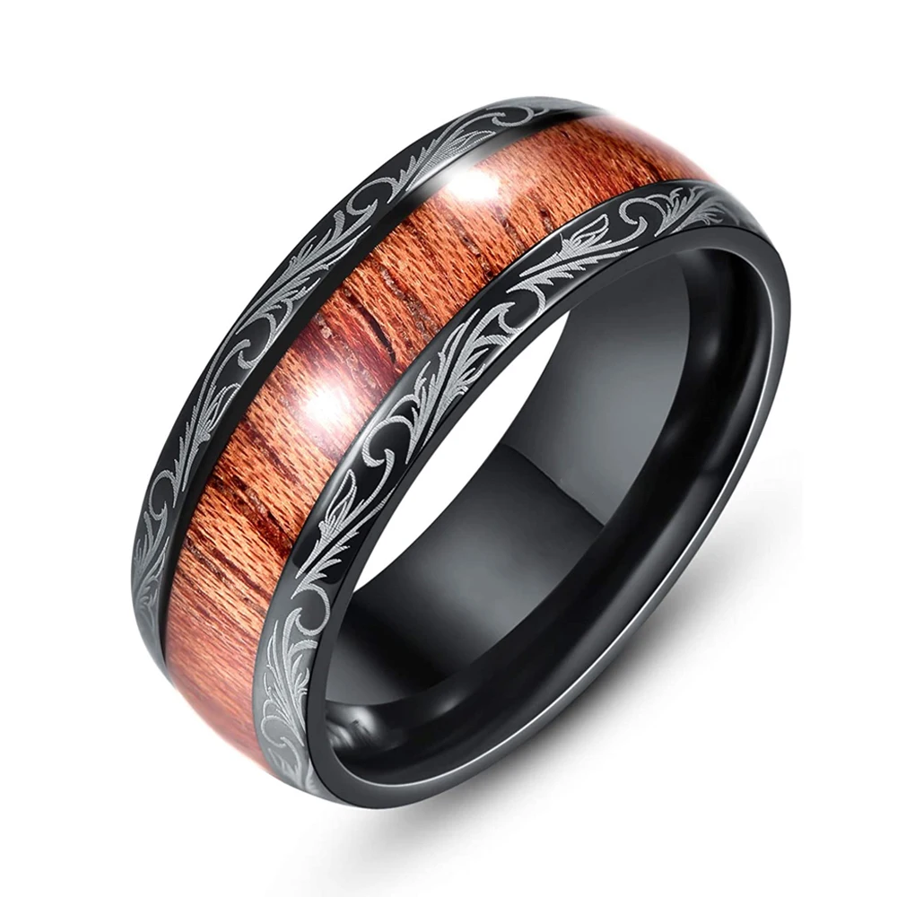 Luxury 8mm Koa Wood Inlay Tungsten Celtic Ring For Men Women Dome Polished Stainless Steel Engagement Ring Men Wedding Jewelry