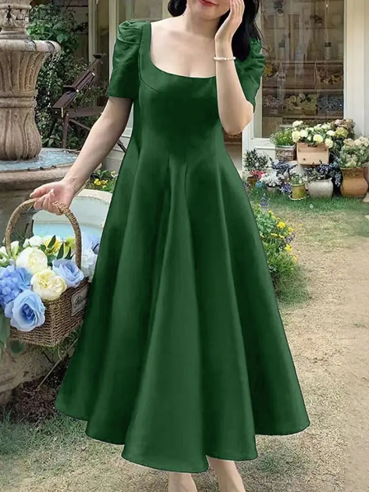 ZANZEA Elegante Abito per Party di Nozze Delle Donne di Raso di Seta Lungo Vestito Estivo 2026 Estate Manica Corta Colletto Quadrato Sexy Solido Vestido Robe