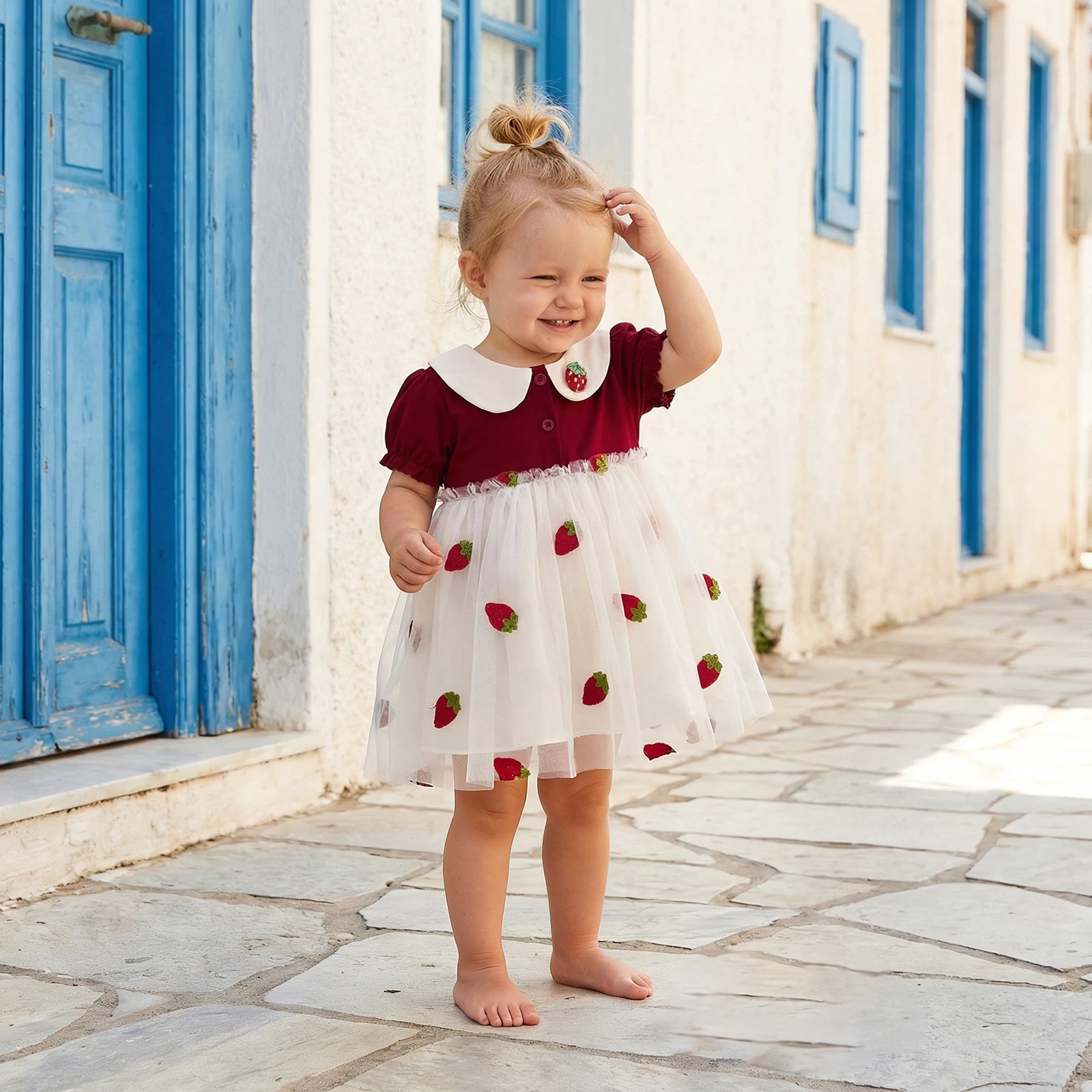 Summer Toddler Baby Girls Strawberry Dress Princess Tulle Patchwork Doll Collar Short Sleeves A Line Dress Sundress