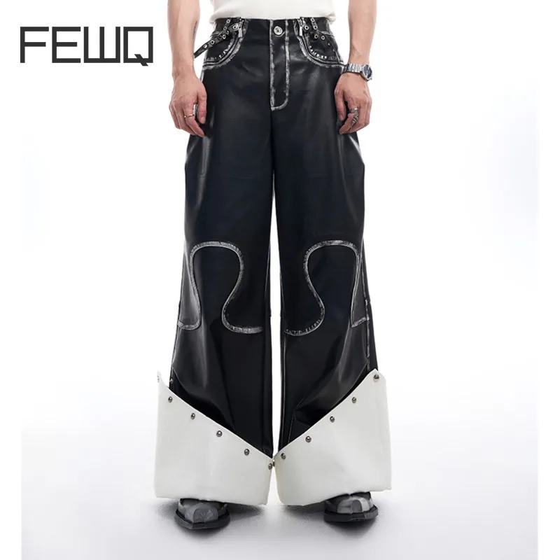 FEWQ Men's PU Leather Jacket Autumn Winter Punk Style Motorcycle Wide Leg Pants Patchwork Contrast Color Male Sets 24E2559