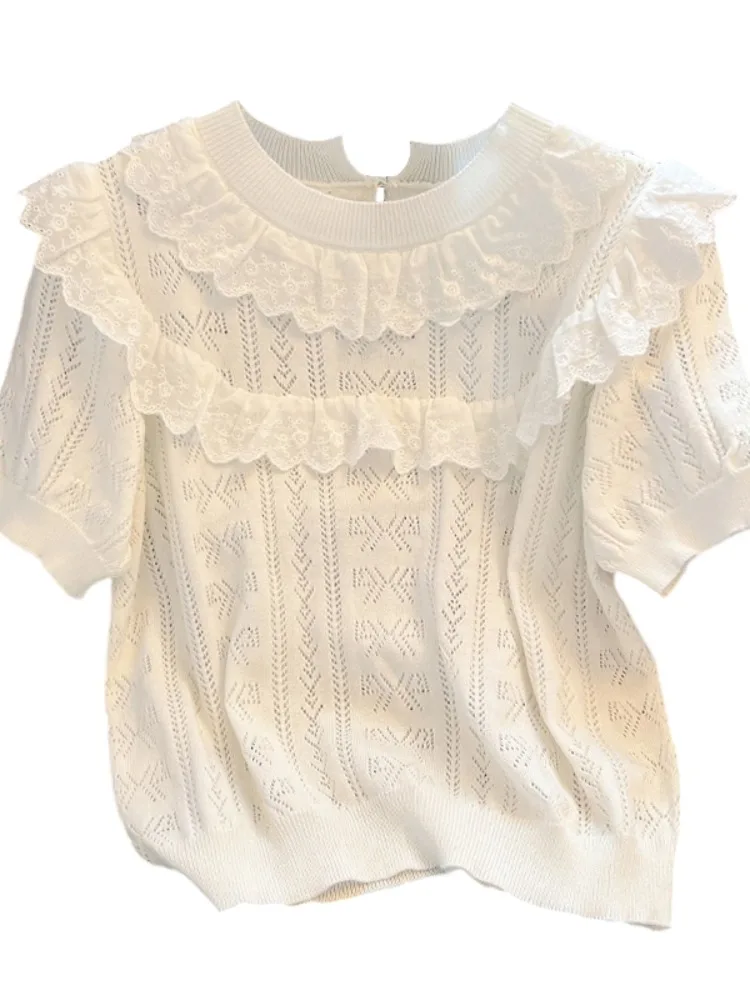 

Retro Sle Lace Splicing Hollow out ort Sve Knitted Top Women's Summer Faion Brand Tag Cut Summer Lace Patchwork or...