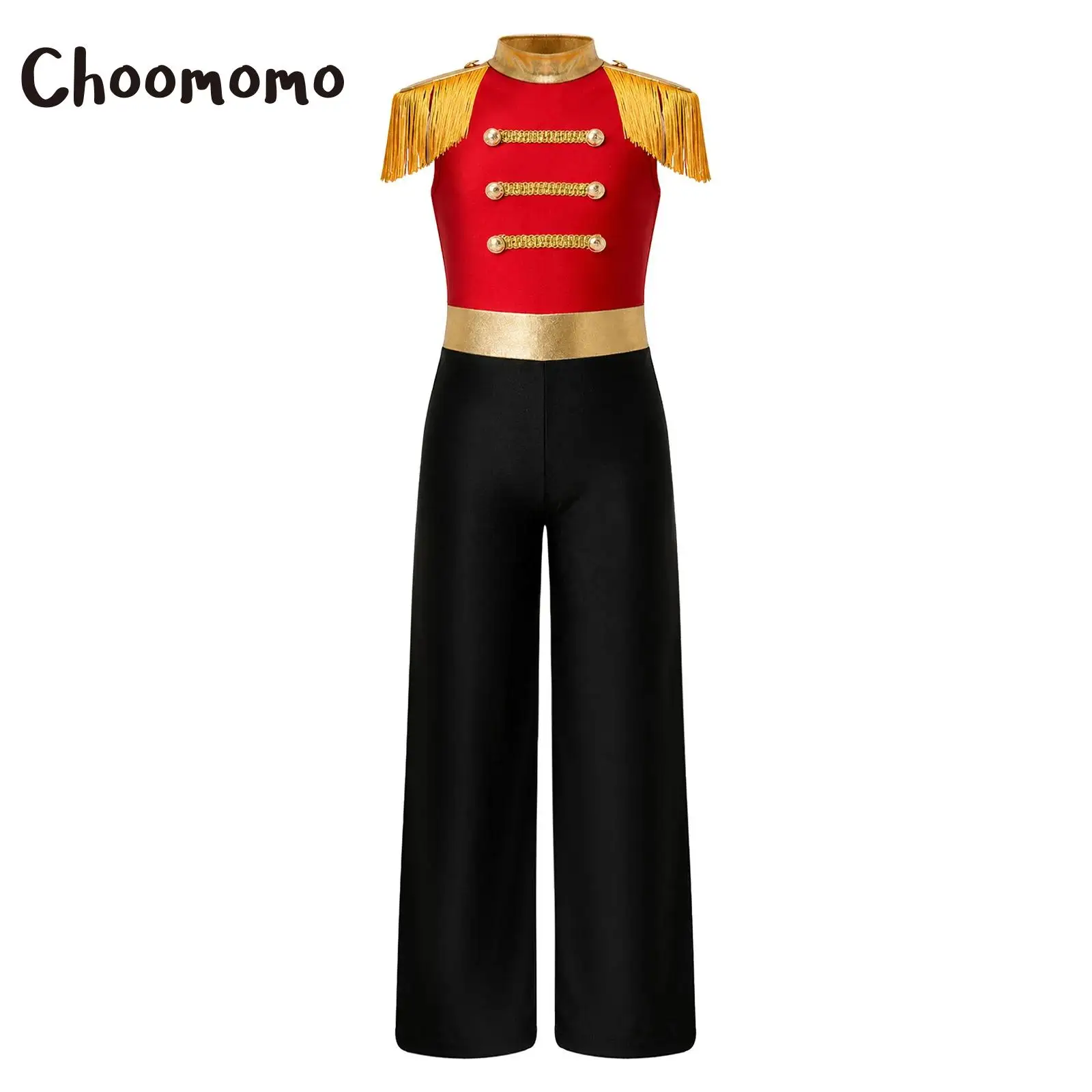 Disfraz de maestro de ceremonias de circo para adolescentes, uniforme de baterista de banda de rock para Halloween, mono con flecos y epauletas metálicas, body de pierna ancha.