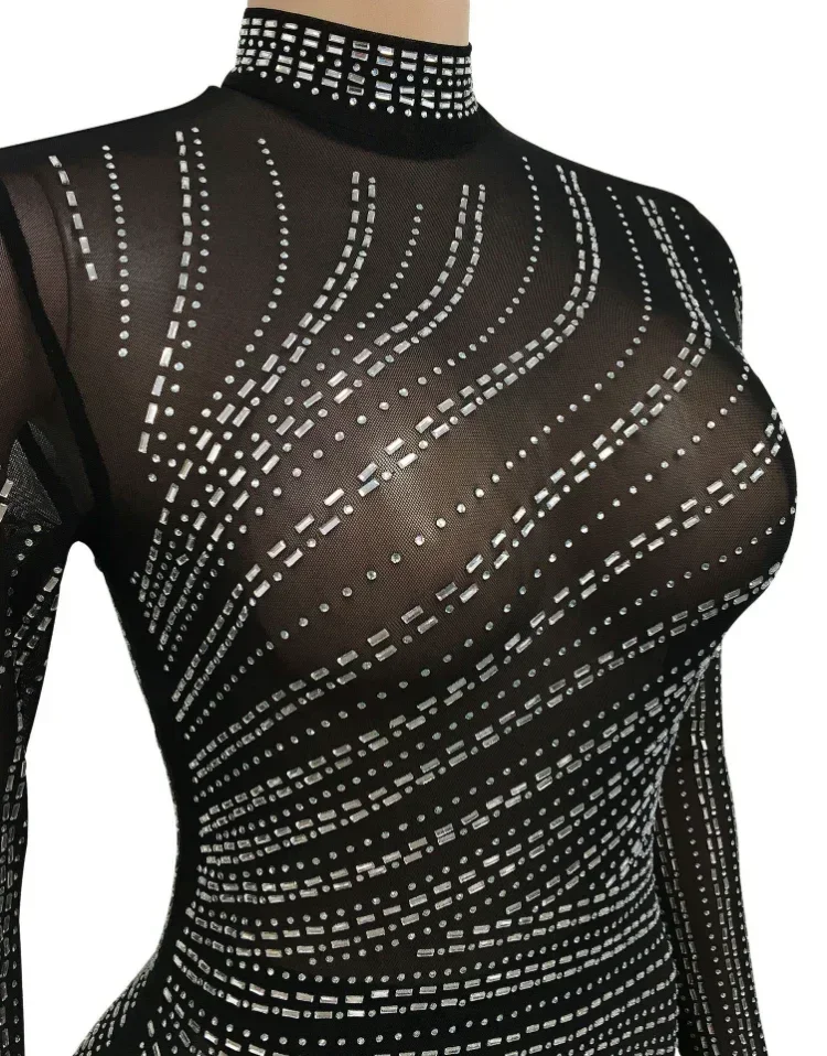 GUWU Sheer Hot Steentjes Gestreepte Hoge Zijsplit Lange Mouw Bodycon Maxi Jurk Vrouwen Mesh Diamanten Sexy Party Prom Jurken
