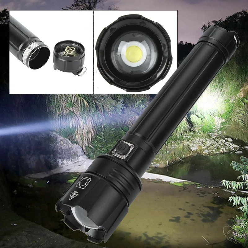 P90 Super Bright IPX4 Waterproof LED Flashlight USB Charging Zoom Tactics Torch With Power Display For Outdoor CampingBlack