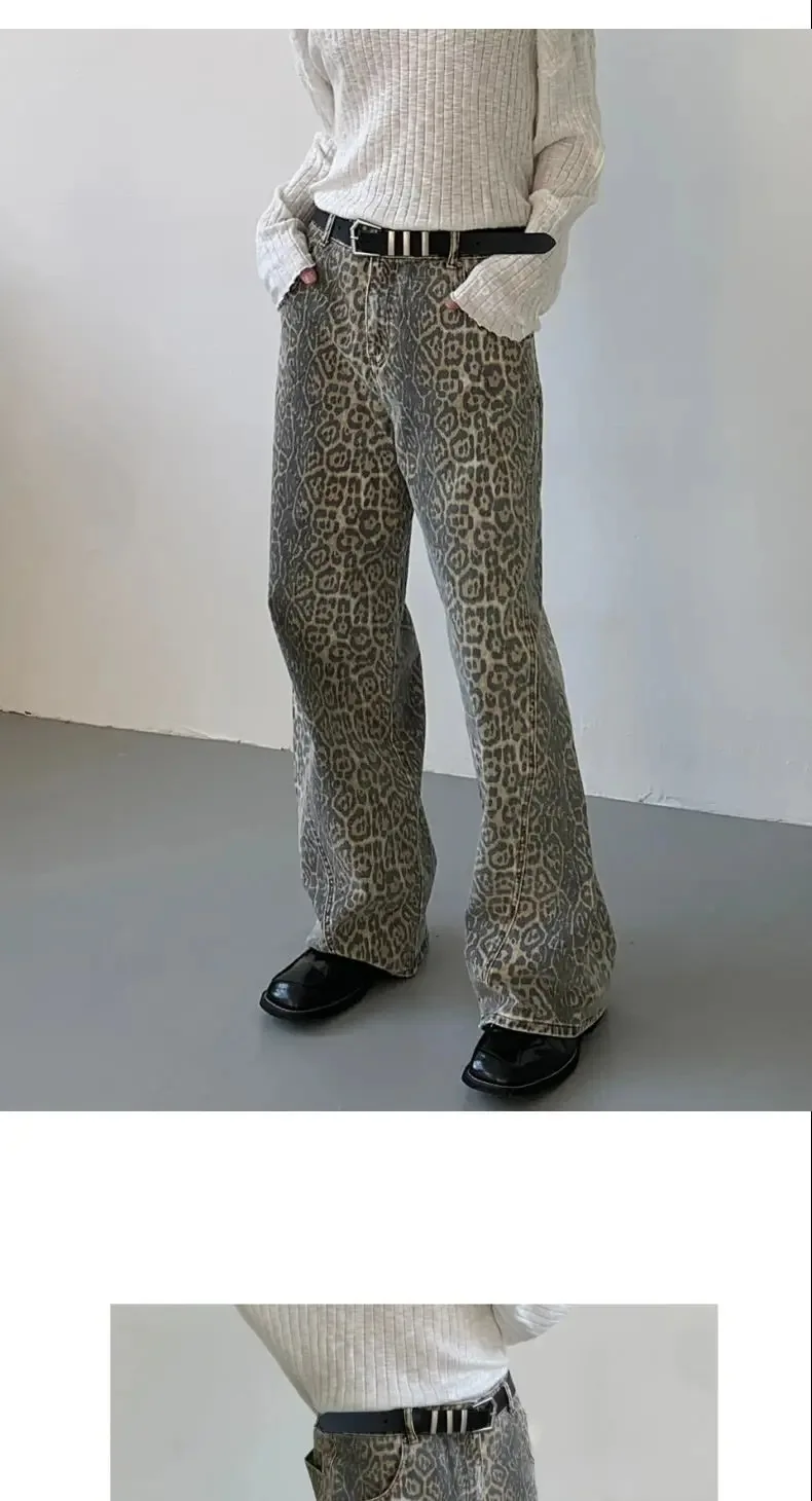 

Leopard print jeans, hip-hop street straight leg wide leg pants