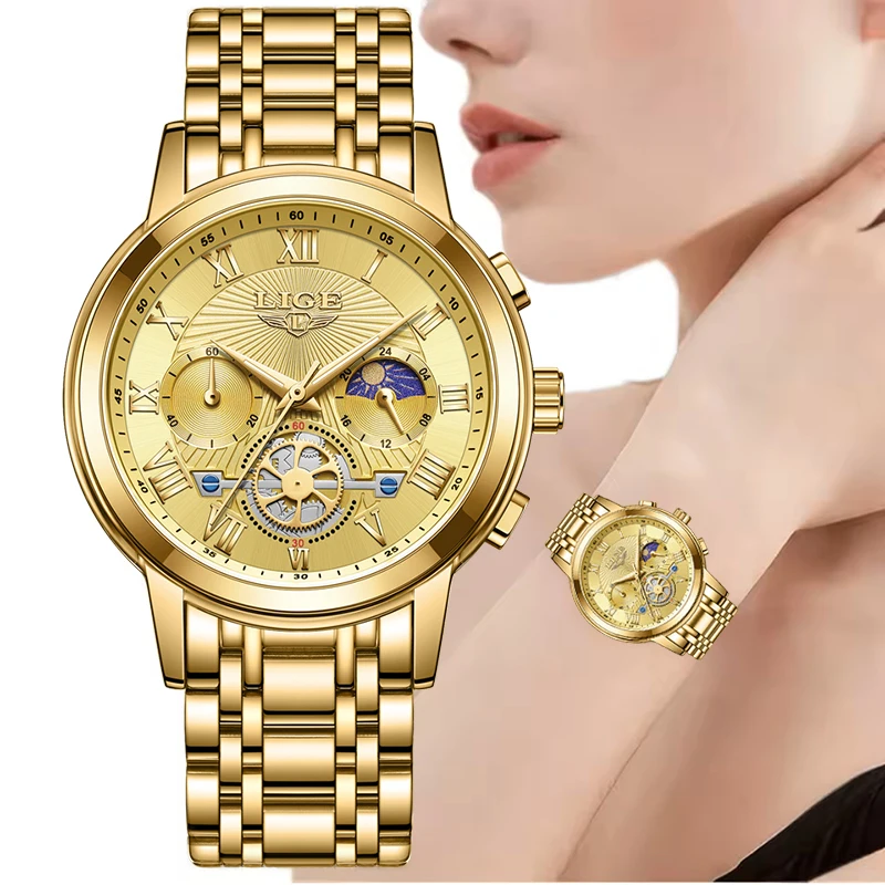 

LIGE Creative Moon Phase Watch Women Fashion Elegant Waterproof Women's Quartz Wristwatches Luxury Sport Chronograph Reloj Mujer