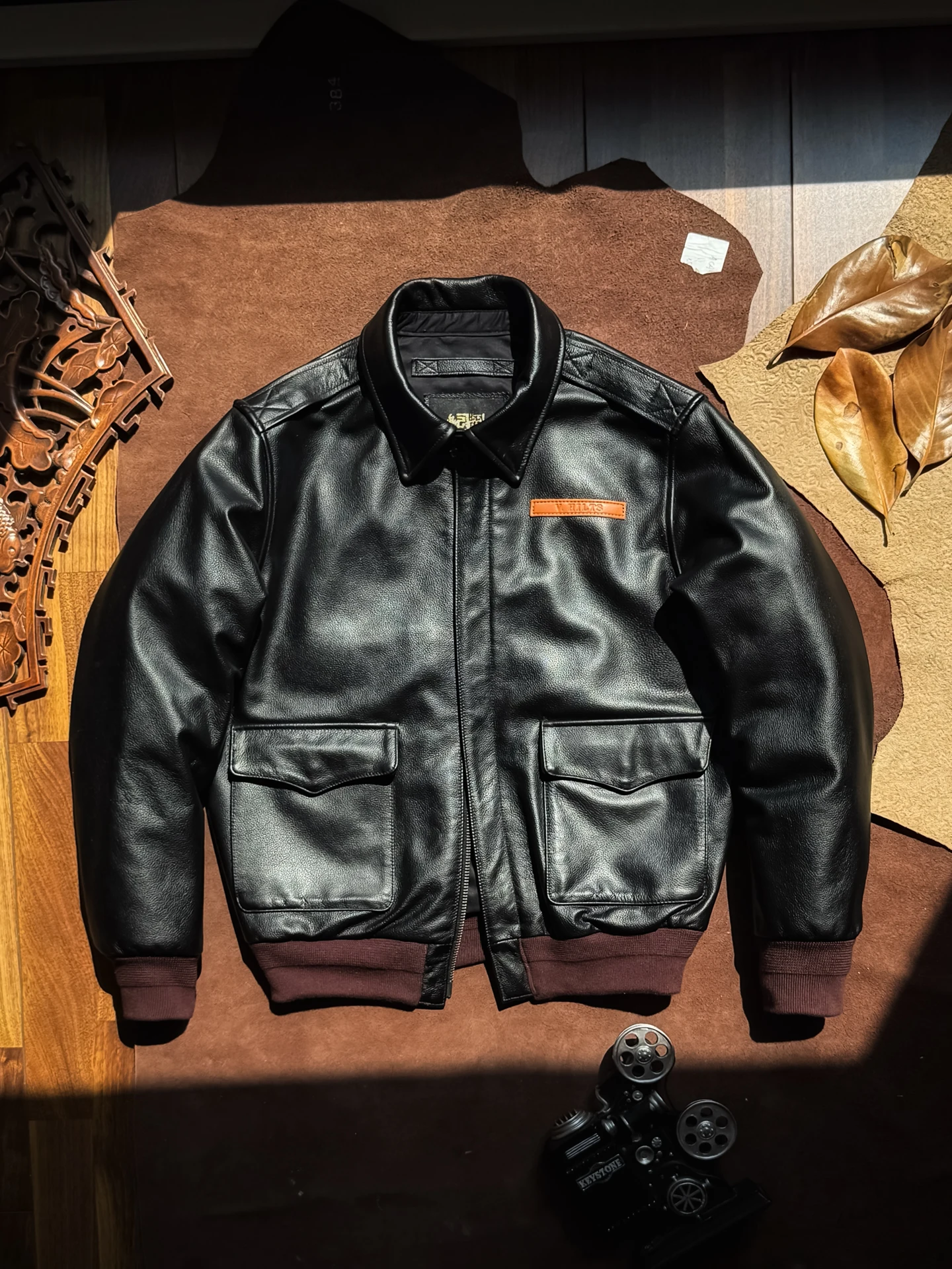 

A2 Size Men's Leather Jaet Flight Suit Outerwear ort Loose Casual Versatile Top Layer Cowhide Zipper Closure Color