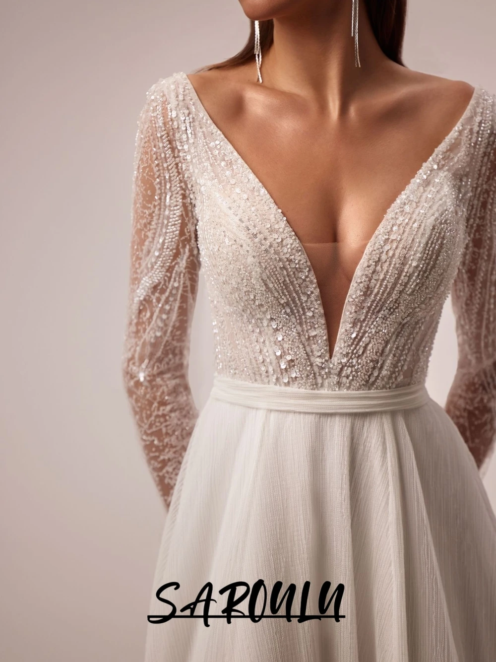 SAROULU sexy diepe v-hals trouwjurk boho een lijn aangepaste bruid dragen kralen lovertjes pure mouwen backless bruidsjurk