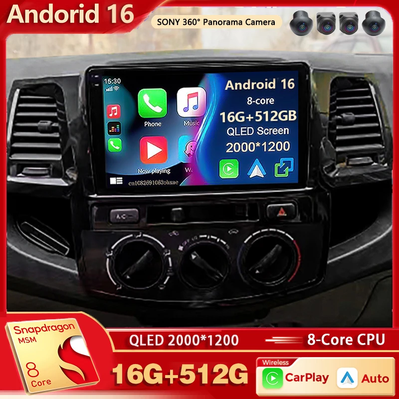 Android 16 For Toyota Fortuner HILUX Revo Vigo 2005-2014 2K QLED Android Car Radio Multimedia Video Player GPS Stereo CarPlay 4G