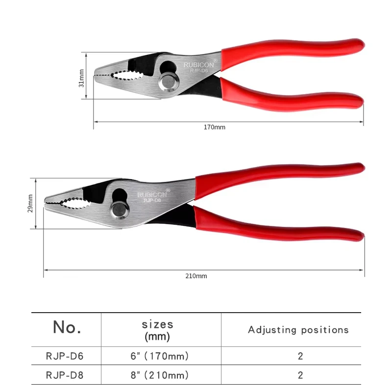 RUBICON RJP-D6 | RJP-D8 Adjustable Water Pump Pliers - Quick Release Slip Joint Pliers with Wire Cutter for Home Improvement