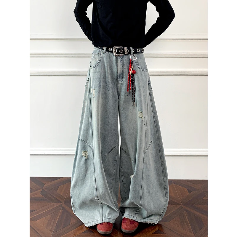 Denim Man Pants Streetwear Men's Jeans Distressed Loose Curve Blade Patchwork Oversized Plus