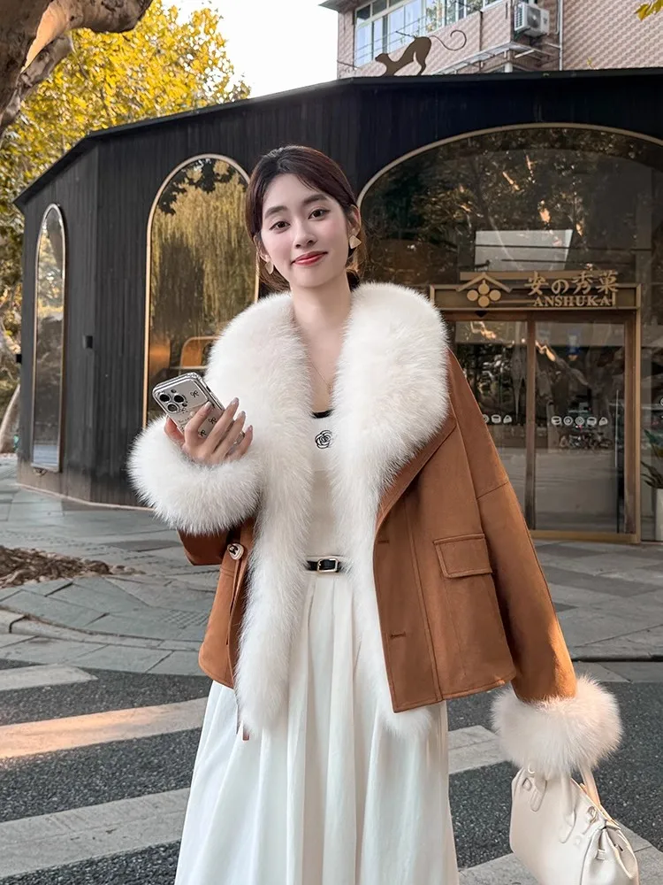 ผู้หญิงฤดูหนาวลงเสื้อแจ็คเก็ต Fox ขนสัตว์ Faux Suede หนังหลวม Fit Elegant Office LADIES Overcoat Goose Down JACKET