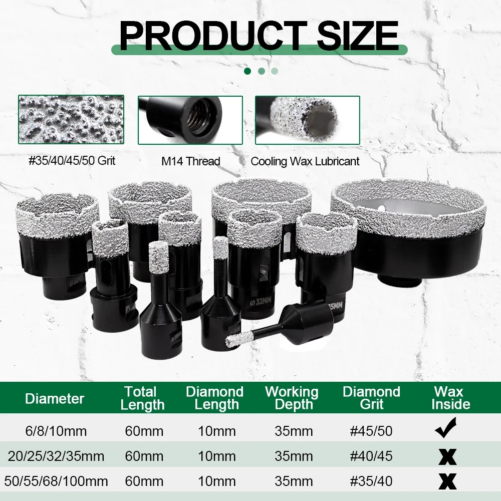 Imagem -03 - Kurstol-diamond Dry Drilling Core Bits Cortador M14 Thread Buraco Saw Mármore Porcelana Granito Telha Cerâmica 6100 mm 1pc