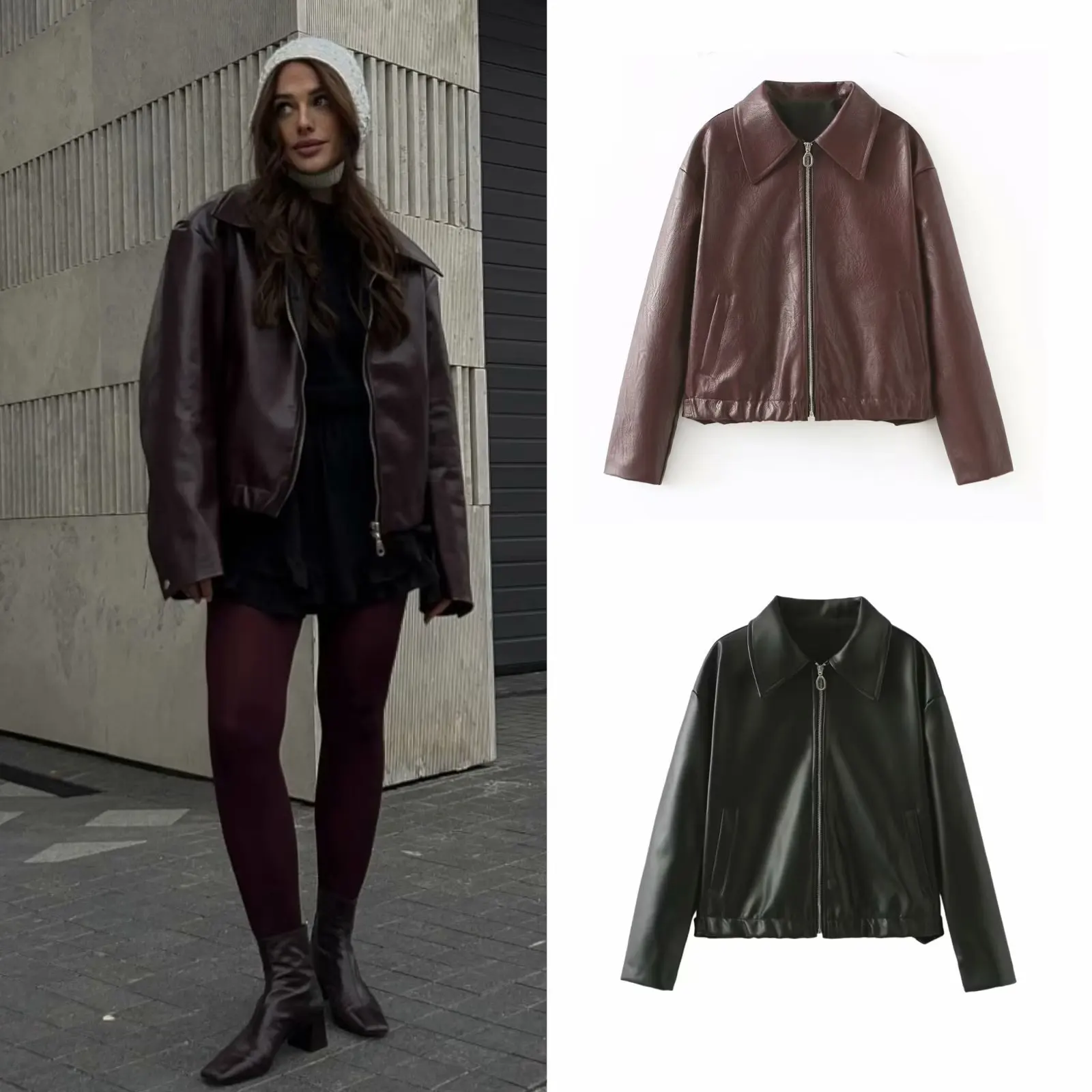 Primavera Otoño e Invierno americano Casual Retro Color puro solapa cremallera Pu cuero Biker chaqueta abrigo Mujer