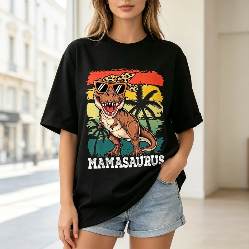 Mamasaurus Retro Sunset Dinosaur Printed Unisex T‑Shirt Casual Short‑Sleeve Shirt Funny Mama Life Graphic Tee Cotton Top Holiday