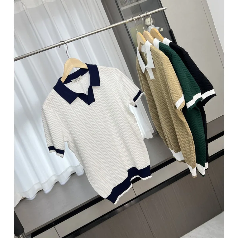 

Turn-Down Collar Silk Shirt Men Color-Blocking Knitted Shirt Men Youth High-End Short Sleeve Summer New Men'S