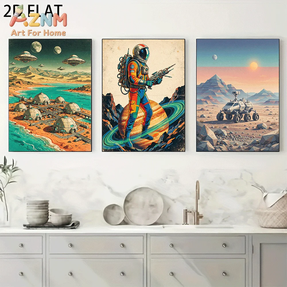 AZNM Frameless Canvas Wall Art, Retro Sci-fi Astronaut UFO Mars Rover Planet Print, Vintage Outer Space Exploration Art Wall Dec