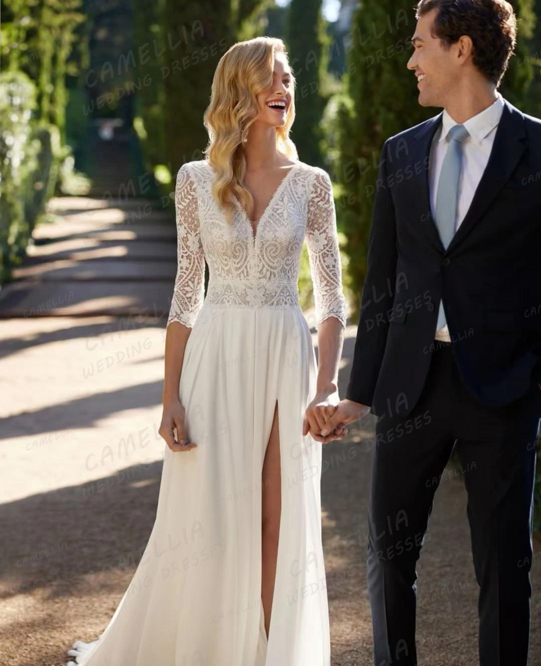 Abiti da sposa in chiffon di lusso Abiti da sposa a maniche lunghe con applicazioni di linea A da donna Vestido De Novia sexy senza schienale diviso personalizzato