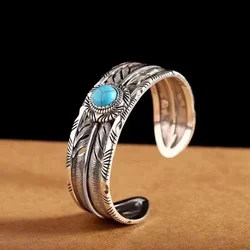 Silver Plated Turquoise Feather Wings Open Bracelet Men\'s Domineering Cuff Bangles Women\'s Fashion Party Jewelry Gift