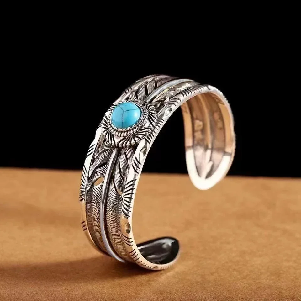 Silver Plated Turquoise Feather Wings Open Bracelet Men\'s Domineering Cuff Bangles Women\'s Fashion Party Jewelry Gift