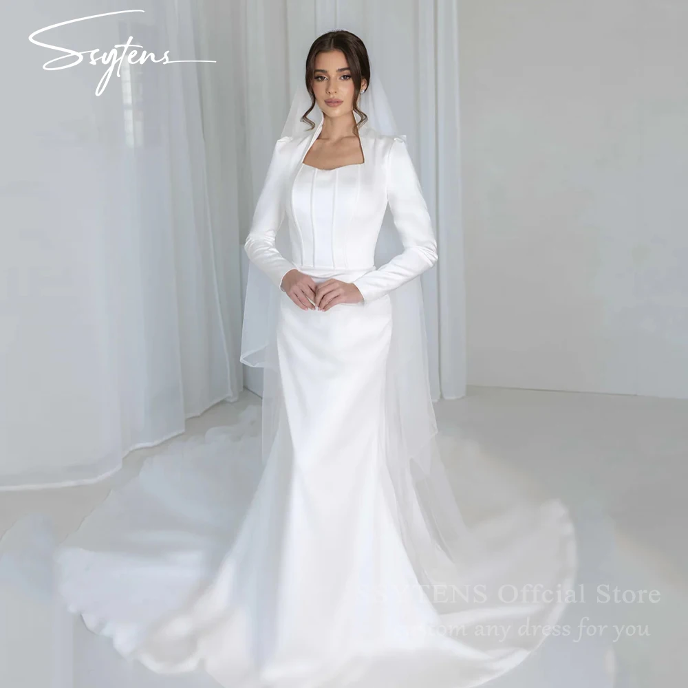 

SSYTENS Elegant White Wedding Dresses Arabic Customized Satin Ivory Mermaid Evening Dress Dubai Long Sleeves Modest Bridal Gown