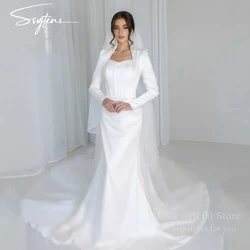 SSYTENS Elegant White Wedding Dresses Arabic Customized Satin Ivory Mermaid Evening Dress Dubai Long Sleeves Modest Bridal Gown