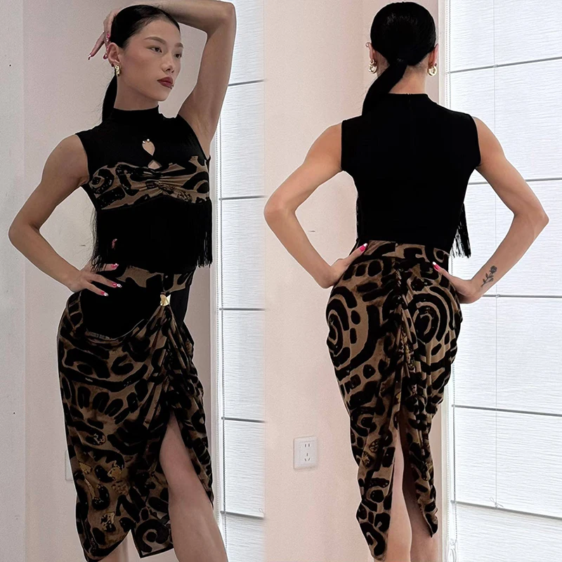 Frauen Latin Dance Anzug Leopard Ärmelloses Top Unregelmäßigen Rock Erwachsene Dance Performance Kostüm Rumba Tanzen Bühne Outfit VBH2442