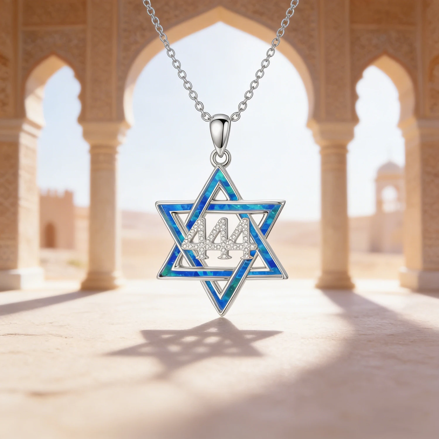 444 Angel Number Star of David Pendant Spiritual Protection Jewelry,Blue Opal Inlay,Cubic Zirconia,Men & Women’s Faith Necklace view 2
