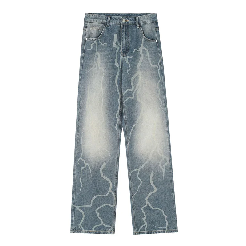 

Hi Street Printed Streetwear Jeans Pants Washed Blue Harakuju Denim Trousers For Male