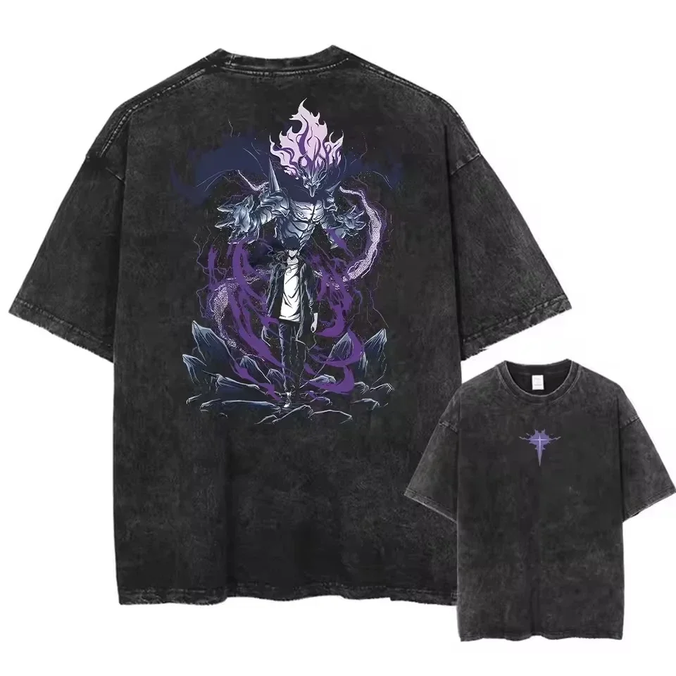 Washed Anime Solo Leveling Graphic Print Short sleeved round neck Y2k Tshirt Men Clothing New in Top & Tees Mens T-Shirt 50857