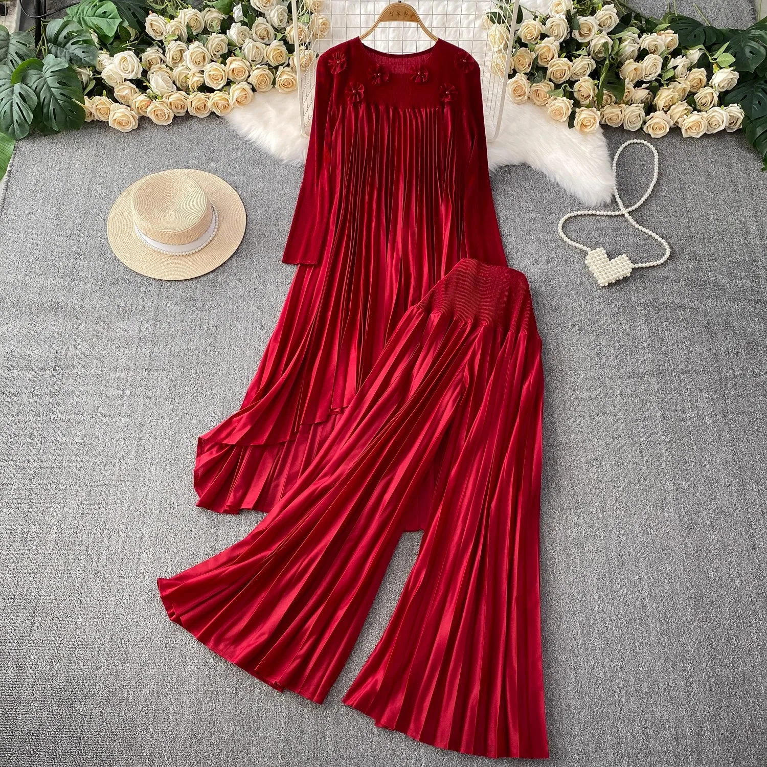 

Miyake Pleated Evening Dress Suit 2025 Spring Summer Loose Long Sleeve 3D Flower Tops + Elastic Waist Pleated 2 Pieces Skirt Set