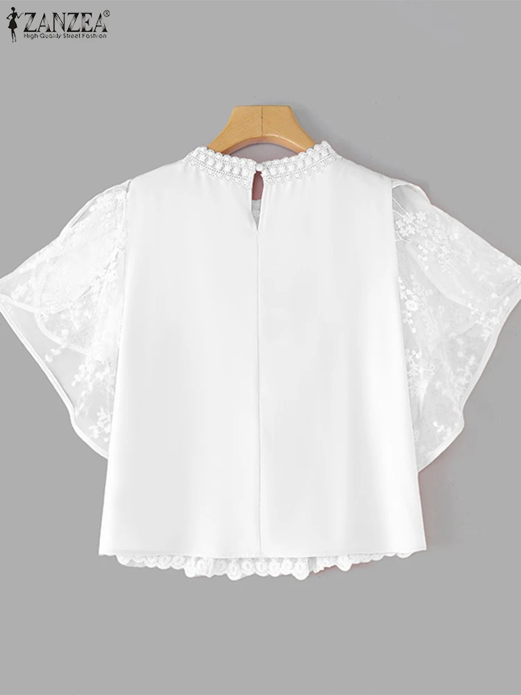 ZANZEA ผู้หญิงเย็บปักถักร้อยเสื้อฤดูร้อนลูกไม้ Patchwork เสื้อลําลองหลวมแขนค้างคาวปีกเสื้อ 2025 Vintage Patchwork Tunic