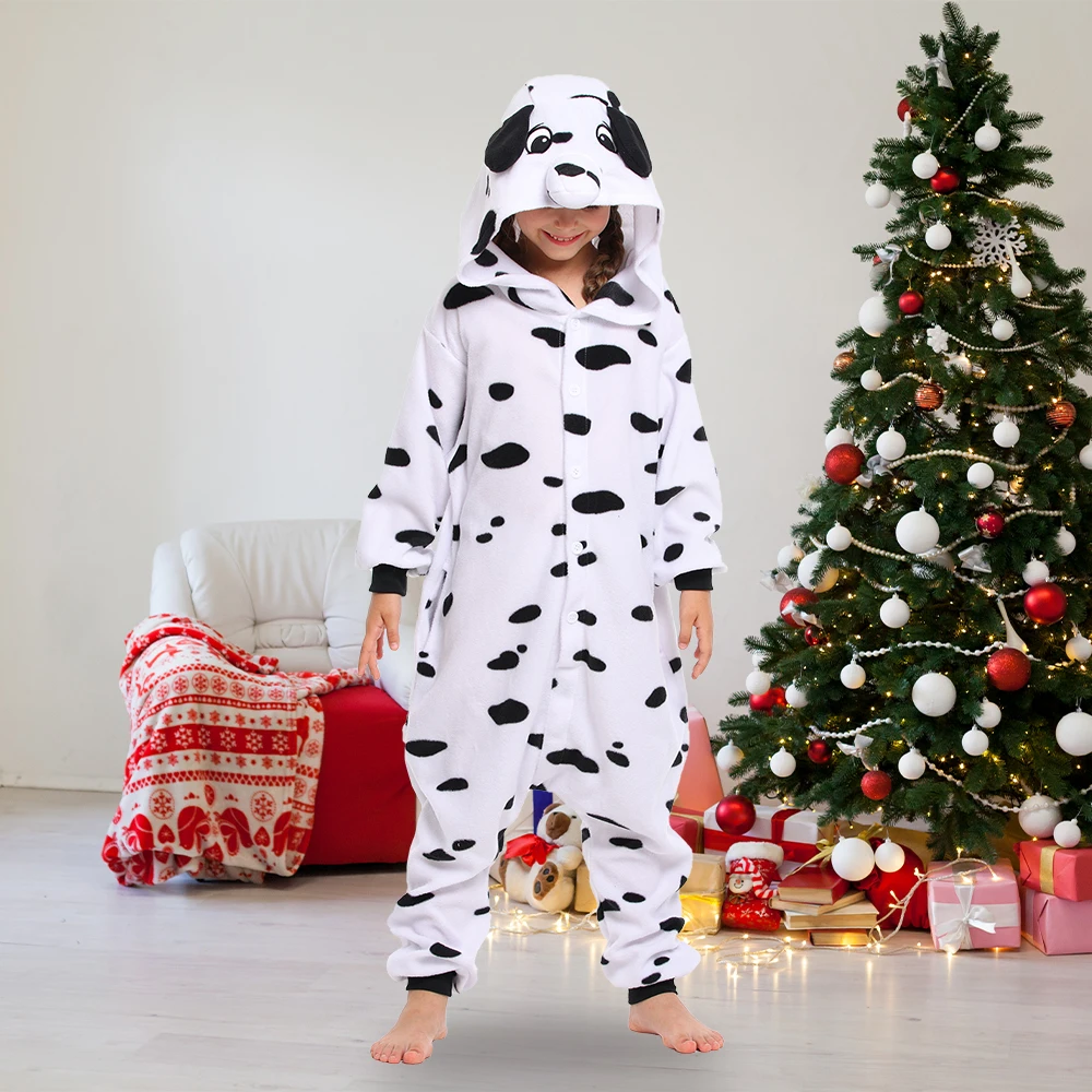 

Dalmatian Dog One-piece Pajamas For Kids Boys and Girls Onesie Sleepwear Christmas Funny Cosplay Costumes Soft Hooded pyjamas