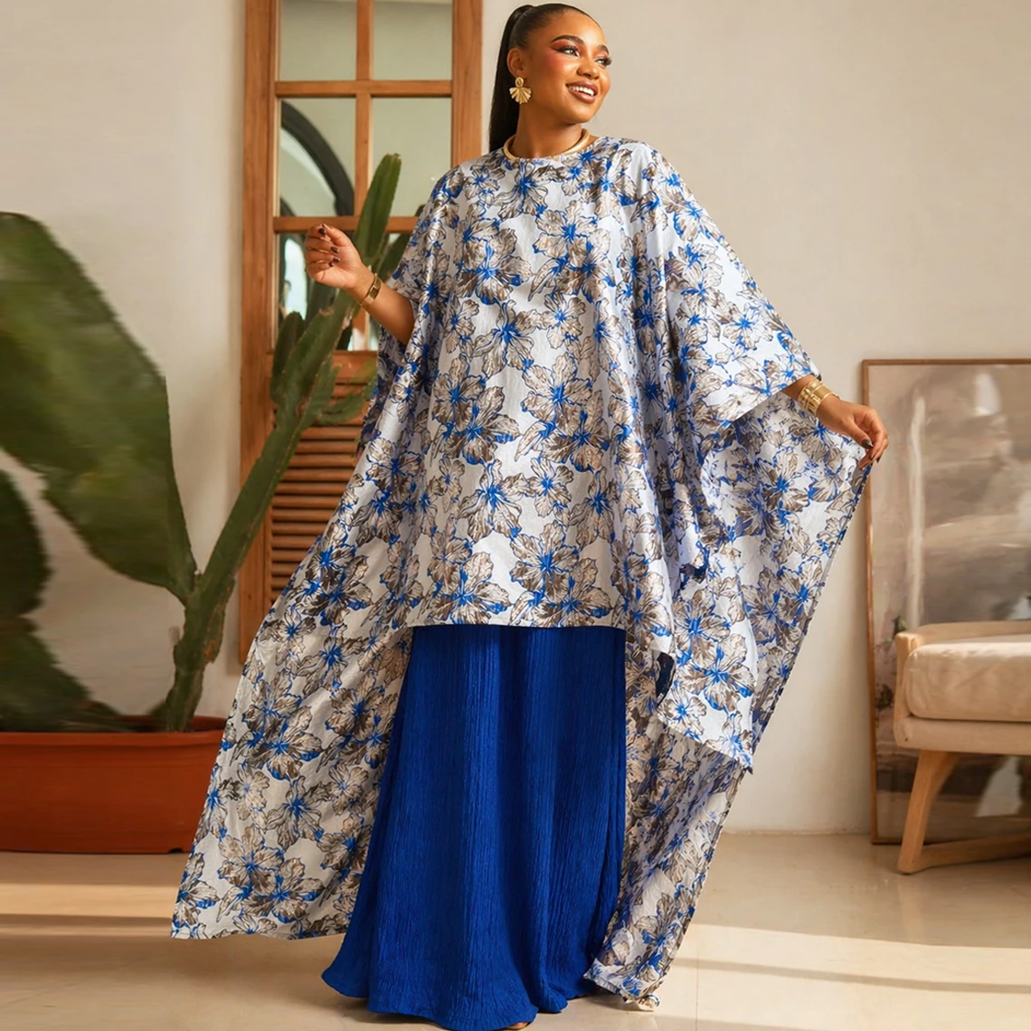 

Royal Blue 2Pcs Set African Dress With Lining Party African Dashiki Middle Women Outfit East Nigeria Bride Wedding Long Robe