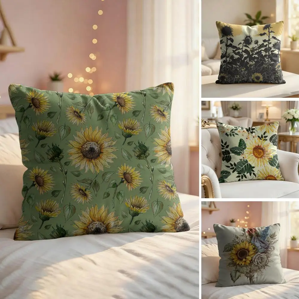 Vintage Sunflower Pattern Cushion Cover Soft Short Plush Pillow Cover Smooth Cozy Texture Aesthetic Cushion Case Home Decor