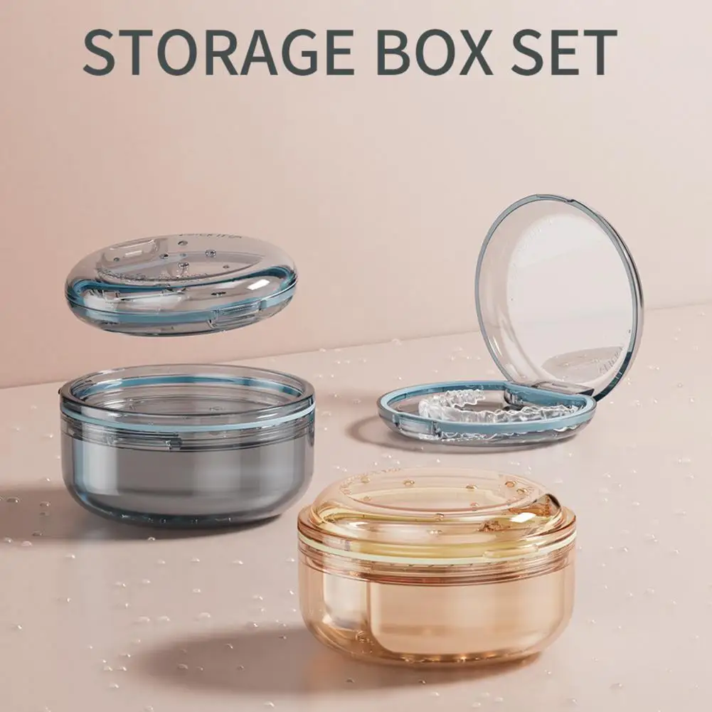 

Portable Retainer Box with Drain Basket Double-layers Clear Aligner Case PC Mini Travel False Teeth Denture Bath Case Container