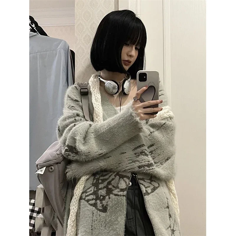 Y2K Knitted Cardigan Women Harajuku Oversized Print Sweater Coat Streetwear V Neck Zipper Knitwear Korean Casual Jumpers Tops