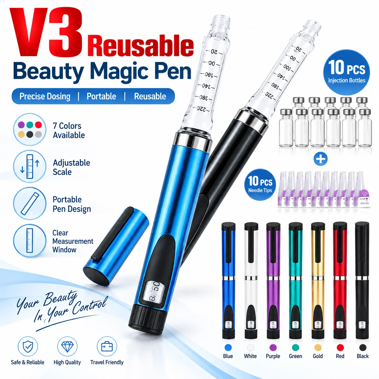 V3 Reusable Peptide Pen Metal Injection Pen Adjustable Dose 3ml Cartridge Subcutaneous Injector Medical with10 Bottles 10 Needle