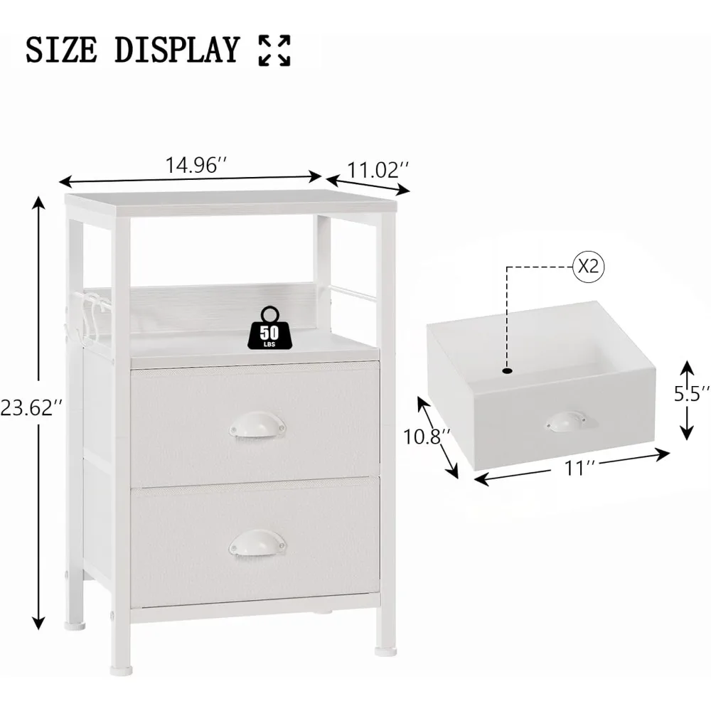 Nightstands Set 2, End Table with 2 Fabric Drawers, Bedside Table with 2 Hooks, Open Wood Shelf Side Sofa Table for Bedroom image 2