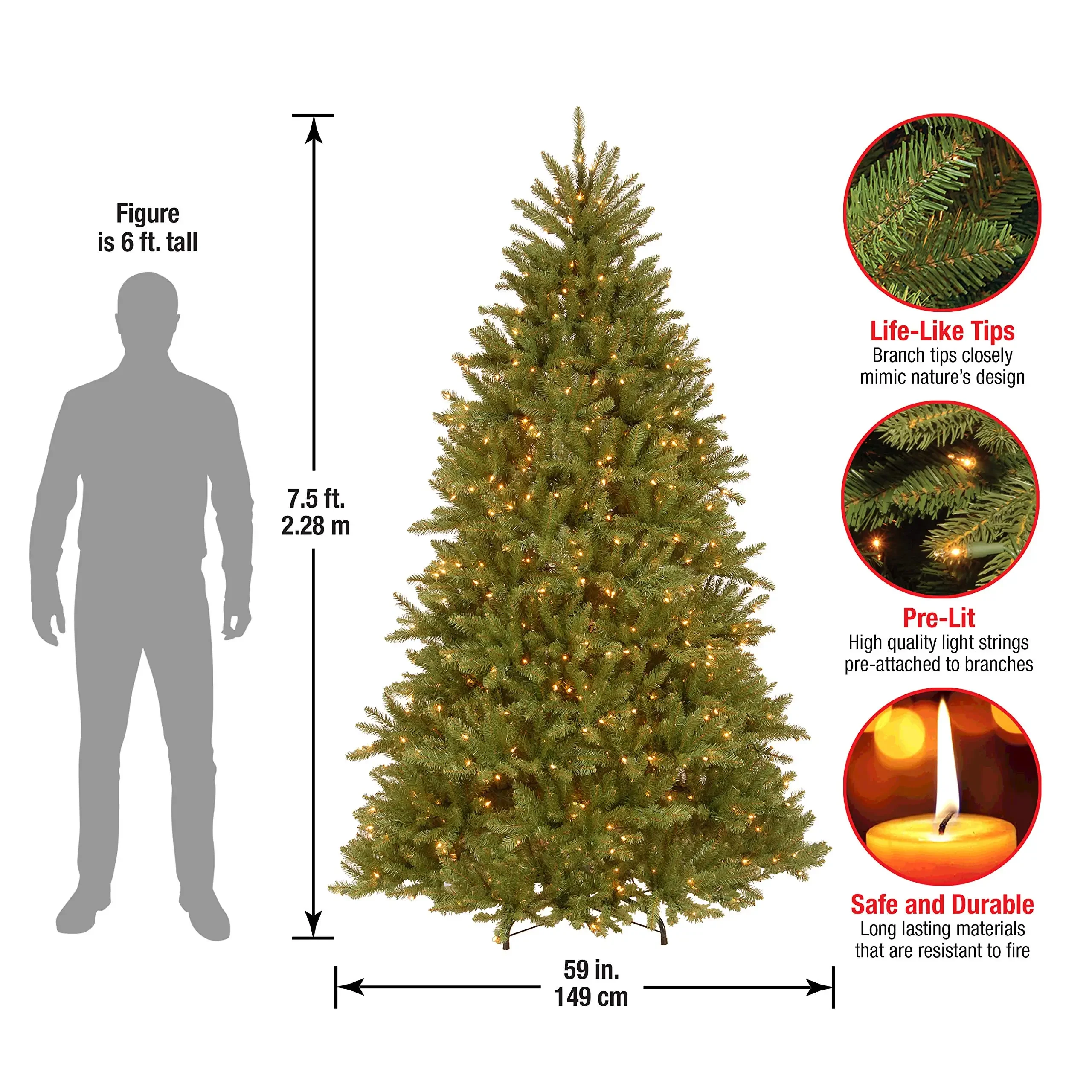 Custom Green Dunhill Fir White Lights Includes Stand 7.5 Feet National Tree Company Pre-Lit Artificial Full Christmas Tree