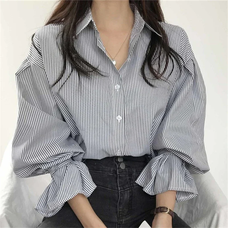 Seoulish Vintage Striped Women\'s Shirts Autumn Elagant Lantern Long Sleeve Turndown Collar Single Breasted Women\'s Blouses Tops