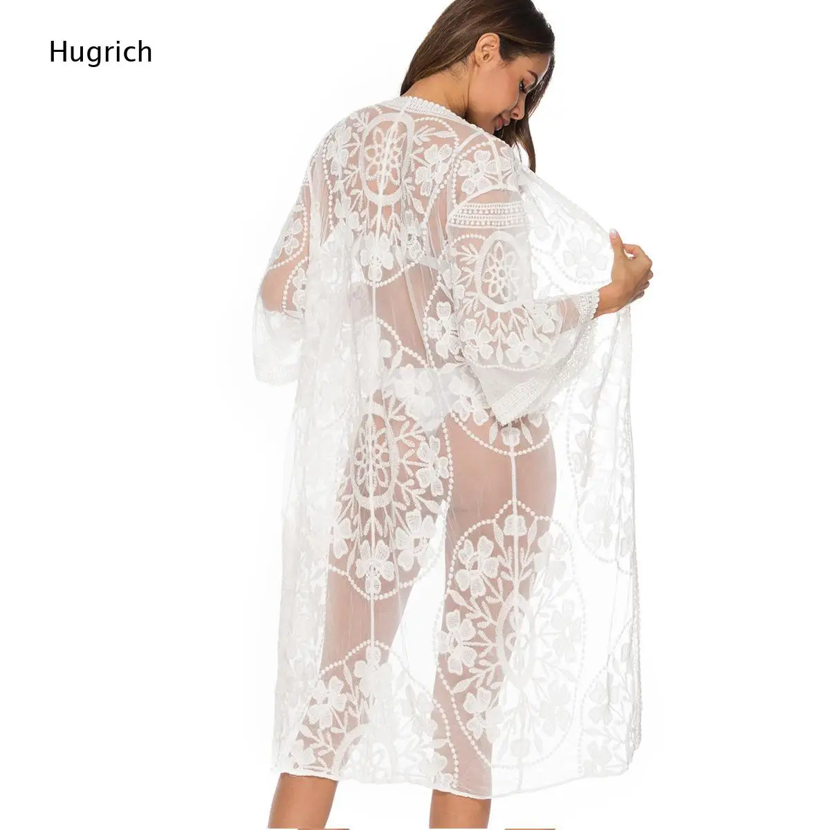 Solid White Floral Embroidery Lace Long Kimono Cover Up Open Front Flare Half Sleeve Sheer Mesh Loose Swim Beach Outer Cardigan